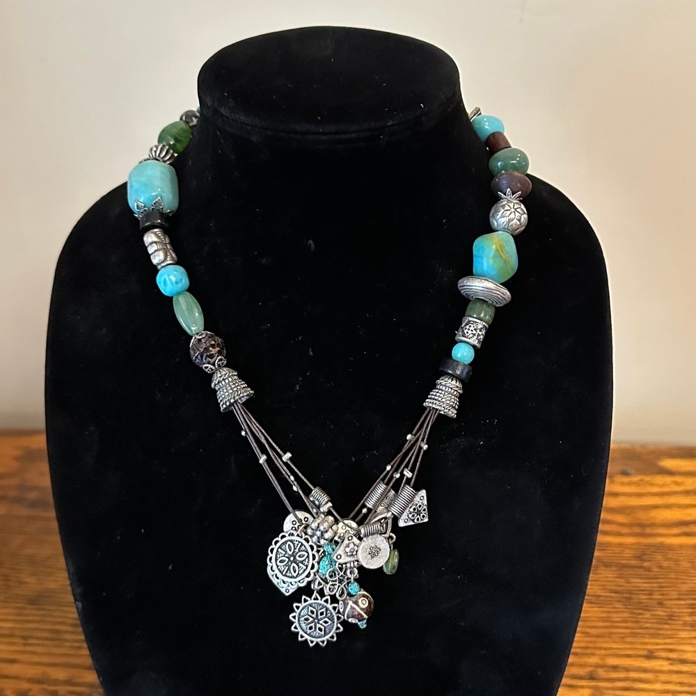 Coldwater Creek Turquoise Green Bead Multi Strand Charm Necklace Silver Tone 20"